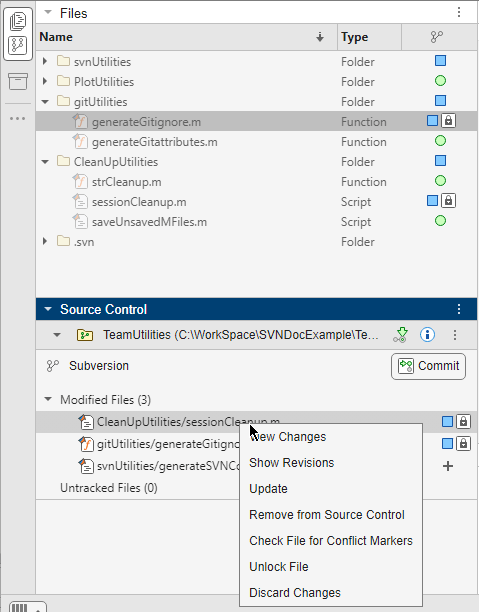 The illustration shows the Files and Source Control panel staked together. The SVN repository in the Source Control panel shows the list of modified files with a context menu listing all the options.