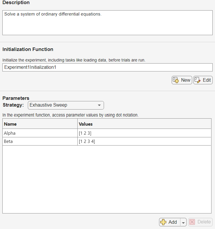 Experiment editor with the default configuration for the Solve System of Ordinary Differential Equations template