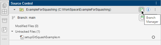 Source Control panel with mouse cursor pointing to Branch Manager button
