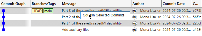 Commit graph showing two selected commits and a context menu with the Squash Selected Commits option