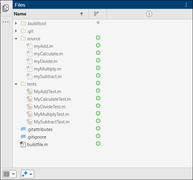 Files panel including the source files, test files, and build file. The files have the Unmodified source control status.