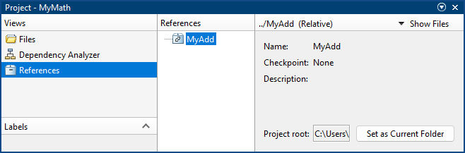 The References view of the Project pane shows that the MyMath project references the MyAdd project.