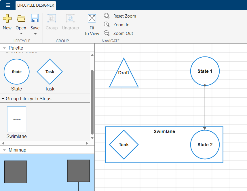 Lifecycle Designer, showing a Task and a State in a Swimlane
