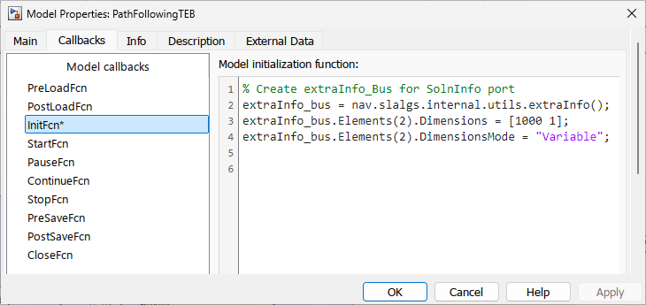 InitFcn callback function configured to create the SolnInfo bus.