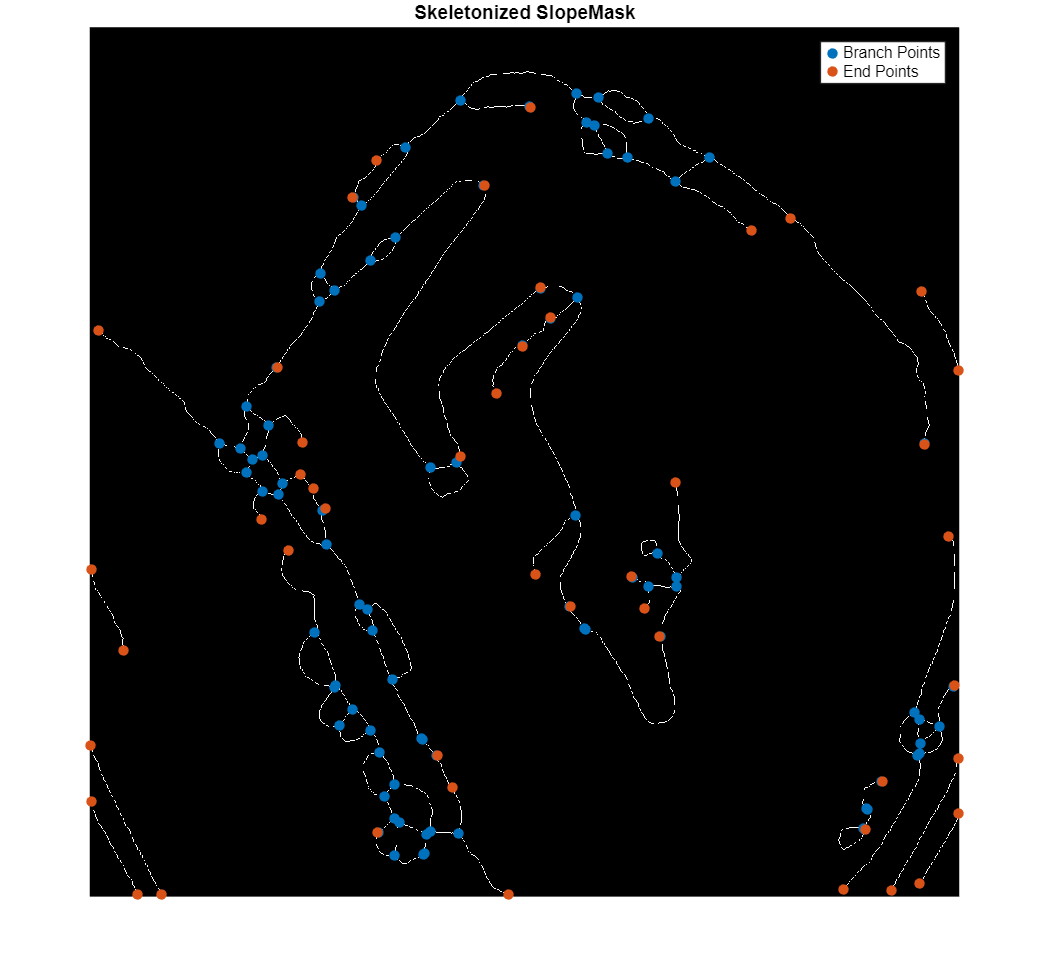 Figure contains an axes object. The hidden axes object with title Skeletonized SlopeMask contains 3 objects of type image, scatter. These objects represent Branch Points, End Points.