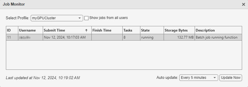 The Job Monitor showing a job with ID 11 currently running