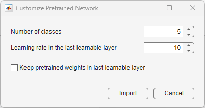 Customize pretrained network dialog showing the number of classes set to 5 and the learning rate in the last layer set to 10.