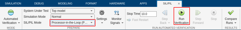 SIL/PIL tab showing the SIL/PIL mode drop-down and the Run Verification button