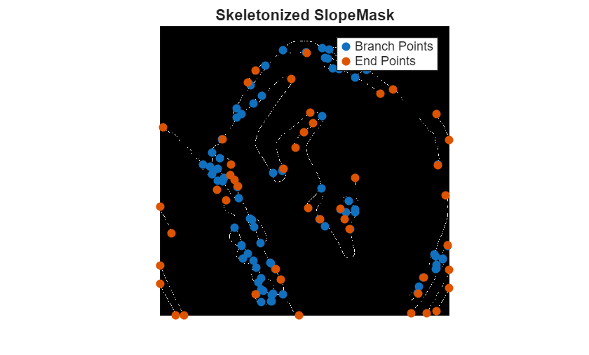 Figure contains an axes object. The hidden axes object with title Skeletonized SlopeMask contains 3 objects of type image, scatter. These objects represent Branch Points, End Points.