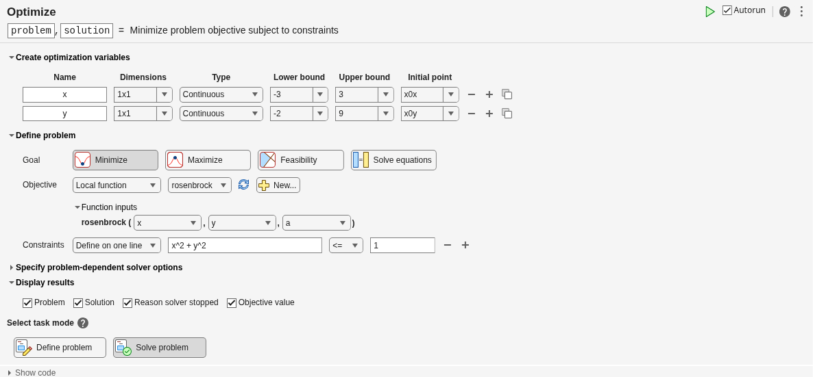 Introducción a la tarea Optimize basada en problemas de Live Editor