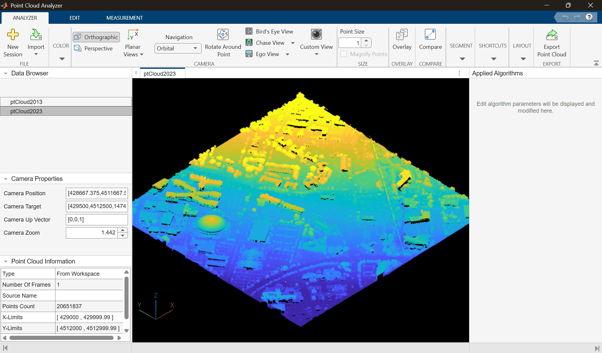 Point Cloud Analyzer app displaying the 2023 point cloud of the Salt Lake City area.