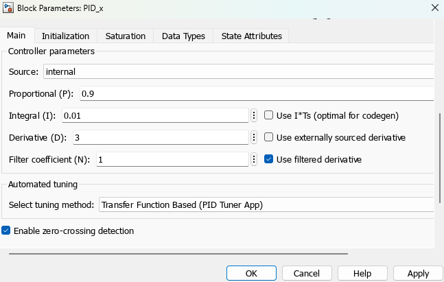 Main tab of PID_x block mask. proportional (P) is set at 0.9, Integral (I) is set at 3, and Derivative (D) is set at 3.