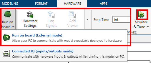 Run on board button on the Hardware tab of Simulink toolstrip.