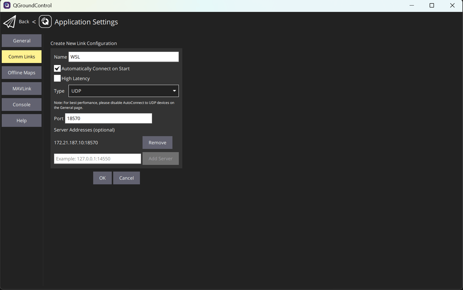 Create New Link Configuration menu in the Comm Links section of the Aplication settings of QGroundControl