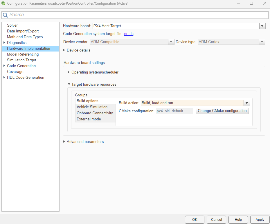 Hardware Implementation tab of the quadcopterPositionController.slx model settings, which shows the Hardware board, and Build action parameters.