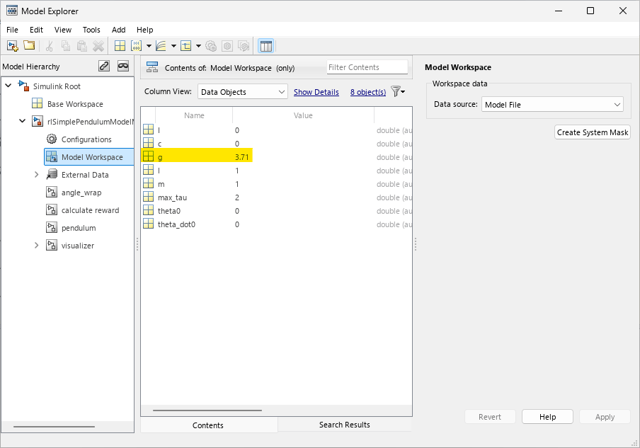 Model Explorer showing Model Workspace variables with g highlighted at 3.71