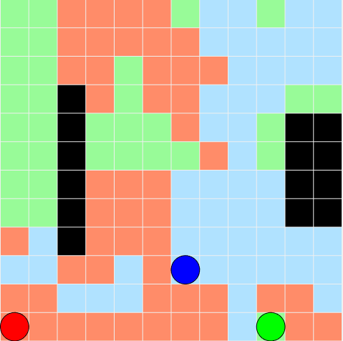 12x12 grid world with black obstacle cells, colored explored regions, and red, green, and blue robot circles