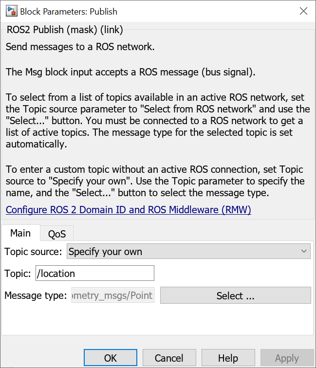ROS 2 Publish block parameters