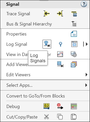Simulink context menu for logging signals