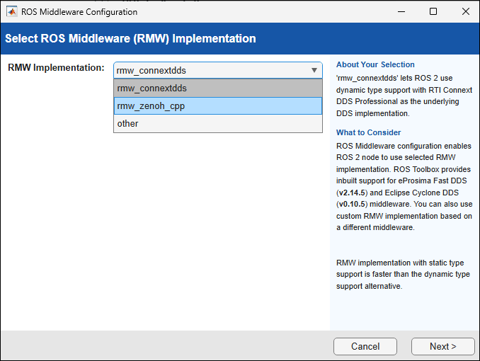 RMW Zenoh selection in ROS Toolbox