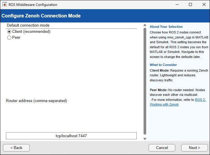 RMW Zenoh connection modes in ROS Toolbox