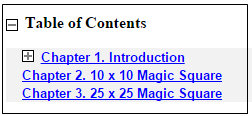 Table of contents that lists three chapters: "Introduction", "10 by 10 Magic Square", and "25 by 25 magic square".