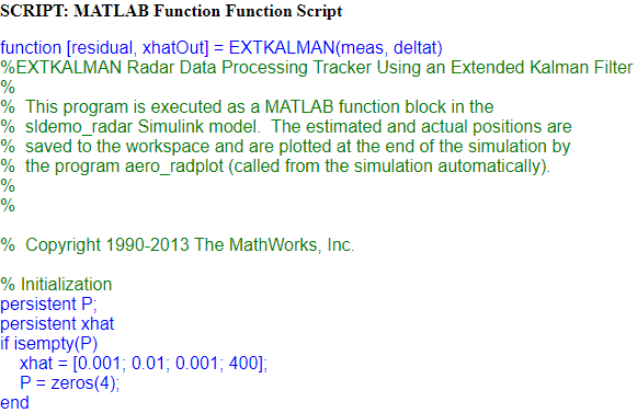 Snippet of report showing the MATLAB Function script section.