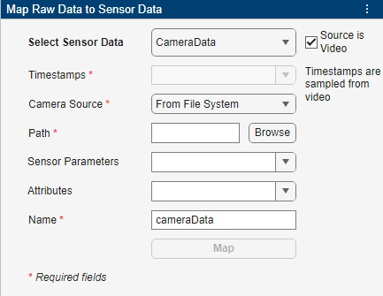 Options for mapping raw camera data to a CameraData sensor data object, with a source video.