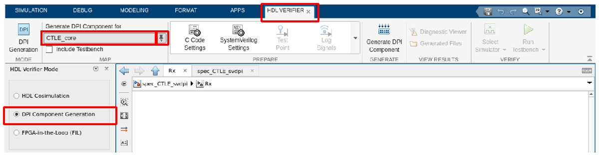 Simulink window with the HDL Verifier tab highlighted. DPI Component generation is selected on the left pane, and CTLE_core is selected for generation.
