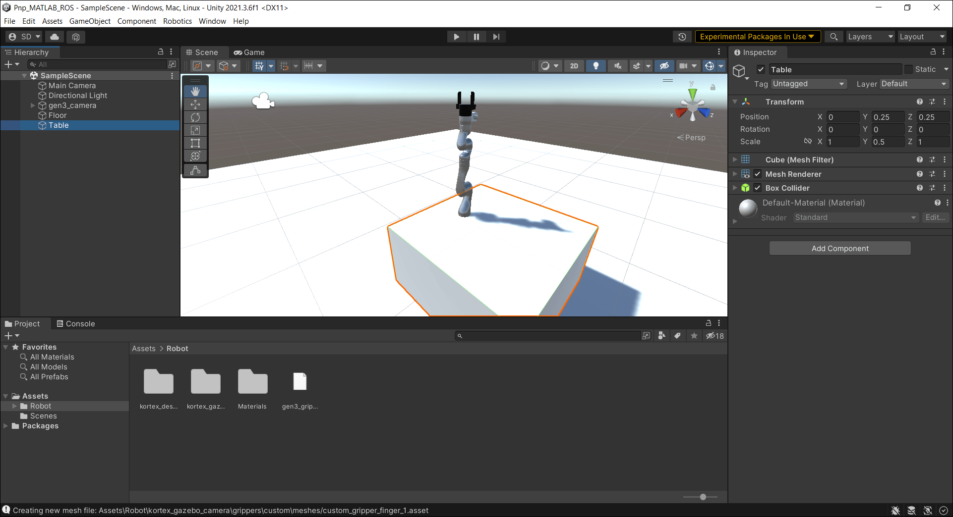 Screenshot of setting up scene in Unity by adding table for pick-and-place workflow