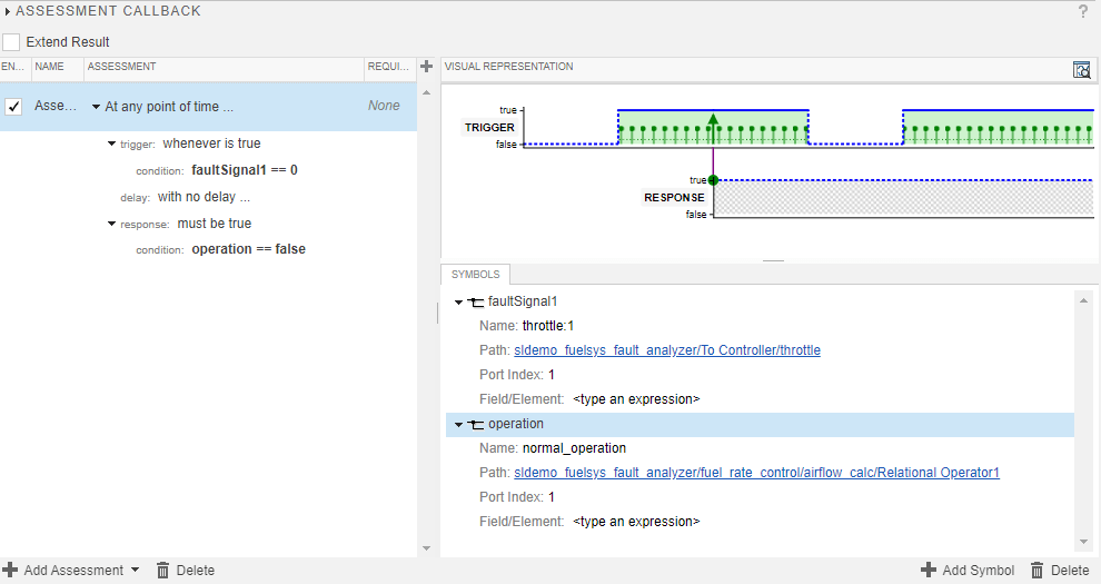 The temporal assessment for the test case that injects the throttle_fault fault. The assessment has two symbols, and a trigger response assessment. The assessment is expanded.