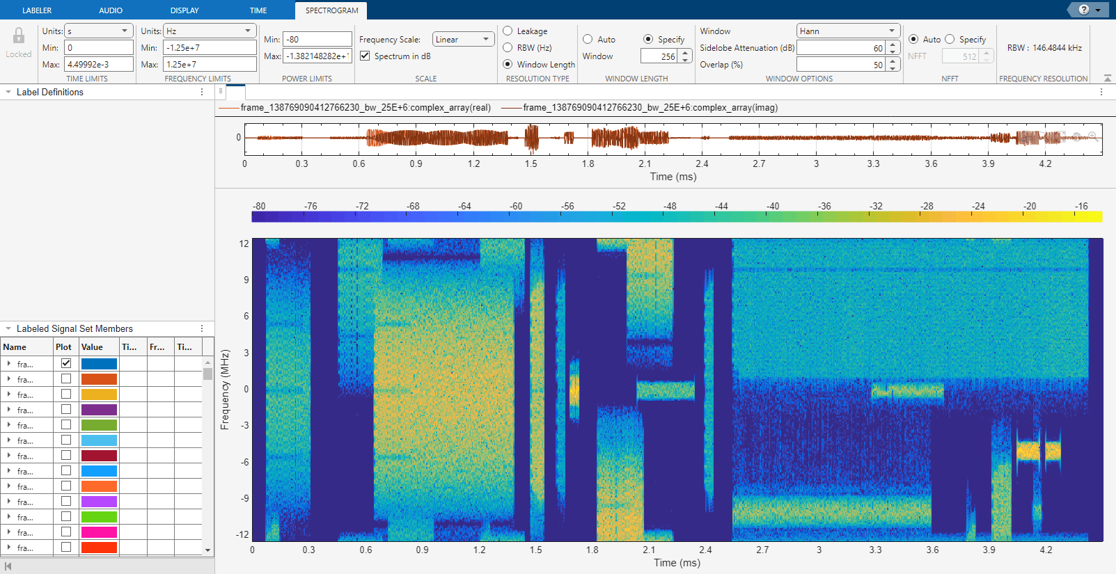 Signal Labeler app displaying spectrogram settings