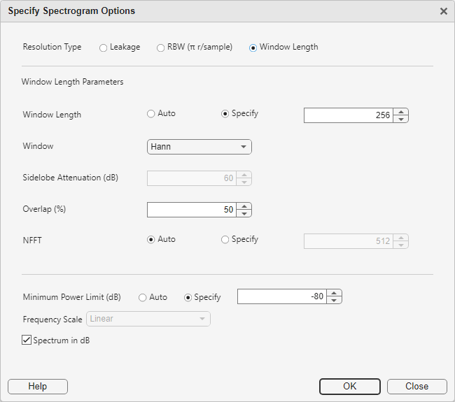 Signal Labeler Spectrogram Options dialog box