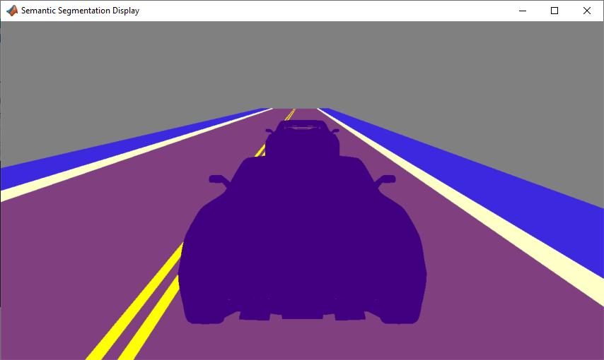 Semantic segmentation display of two cars in the roadrunner scene.