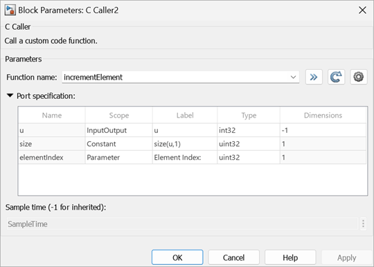 The Port specification table for the incrementElement function.