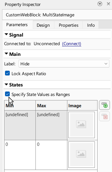 MultiStateImage block in design mode with the Parameter tab of the Property Inspector open