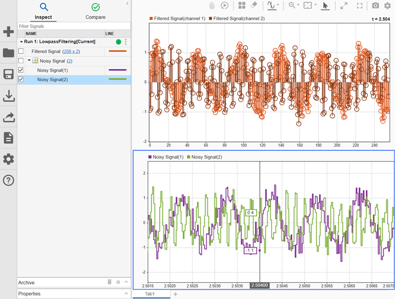 Two signals, Noisy Signal and Filtered Signal, are plotted the Simulation Data Inspector using a two-subplot layout. The signal named Filtered Signal is plotted in the upper subplot using an array plot. The two channels of the signal named Noisy Signal are plotted in the lower subplot using a time plot.