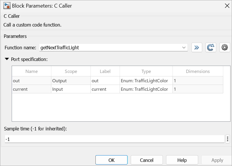 Block parameters dialog box for the C Caller block with the Function name set to getNextTrafficLight function.