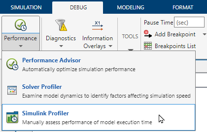 The Debug tab in the Simulink Toolstrip has the Performance list expanded with the pointer paused on the Simulink Profiler option.