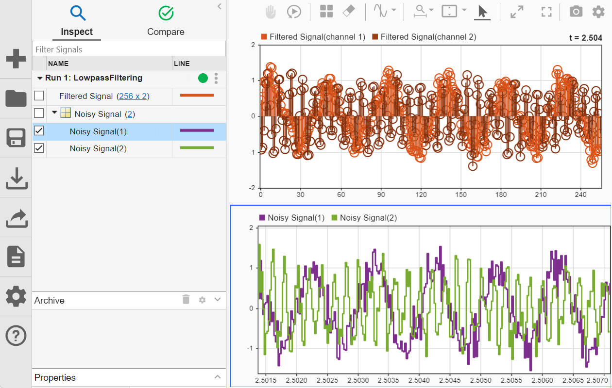 Two signals, Noisy Signal and Filtered Signal, are plotted the Simulation Data Inspector using a two-subplot layout. The signal named Filtered Signal is plotted in the upper subplot using an array plot. The two channels of the signal named Noisy Signal are plotted in the lower subplot using a time plot.