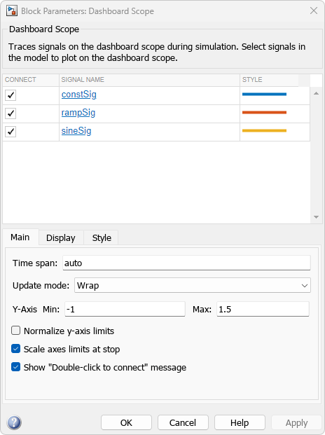 The Block Parameters dialog box for the Dashboard Scope block