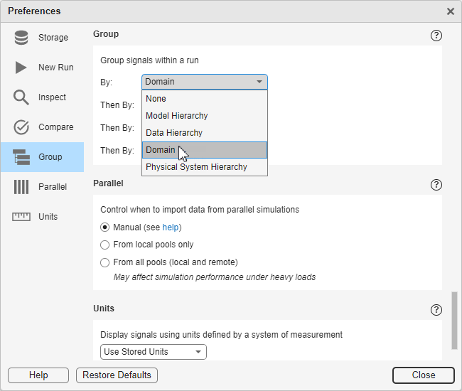 The Group pane of the Preferences dialog box. The signals are grouped by Physical System Hierarchy and the cursor is selecting Domain from the Then By drop-down list.