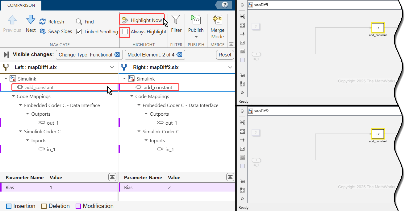 Comparison Tool comparing models mapDiff1 and mapDiff2. The Bias block is selected. Highlight Now and Always Highlighted are outlined in the toolstrip. The Bias block is highlighted in the Simulink editor for both models.
