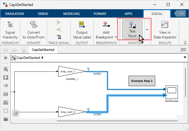 CapiGetStarted model. The output signals of the Gain blocks are selected in the model canvas. The model Signal tab is selected and the Test Point toggle button in the Monitor section is selected.