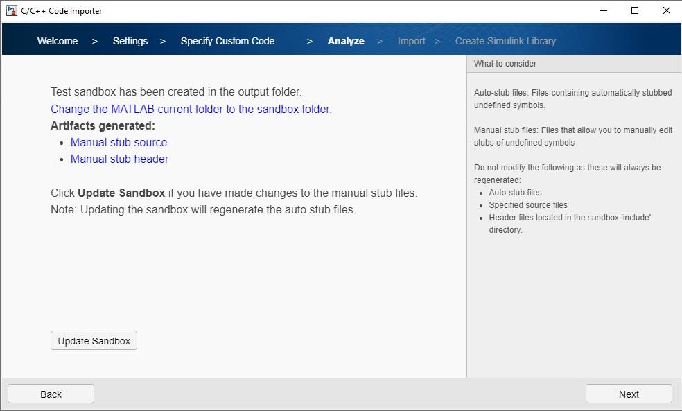 Custom code importer wizard tab showing Update Sandbox button
