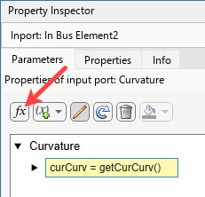 Arrow pointing to the function button in the Property Inspector. Under the port Curvature there is an element, curCurv = getCurCurv(), being edited (pending apply).