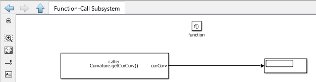 The label on the function caller block is caller Curvature.getCurCurve(). The block has no inports and its single outport is connected to a Display block.