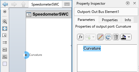 Parameters tab of the Property Inspector is selected. The title of the content in it is "Properties of output port: Curvature". The port is visible in the area below the menu bar items. Its name is Curvature.