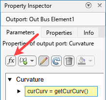 Arrow pointing to the function button in the Property Inspector. Under the port Curvature there is an element, curCurv = getCurCurv(), being edited (pending apply).
