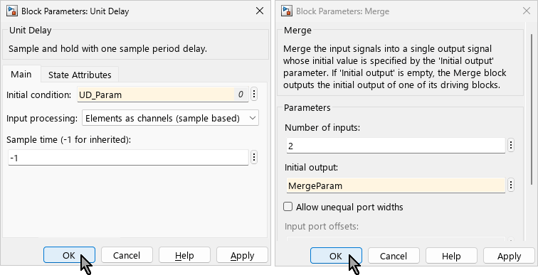 Block parameter dialog boxes of the Unit Delay and Merge bock. The values of Initial condition in the Unit Delay block and the Initial output of the Merge block are UD_Param and MergeParam, respectively.